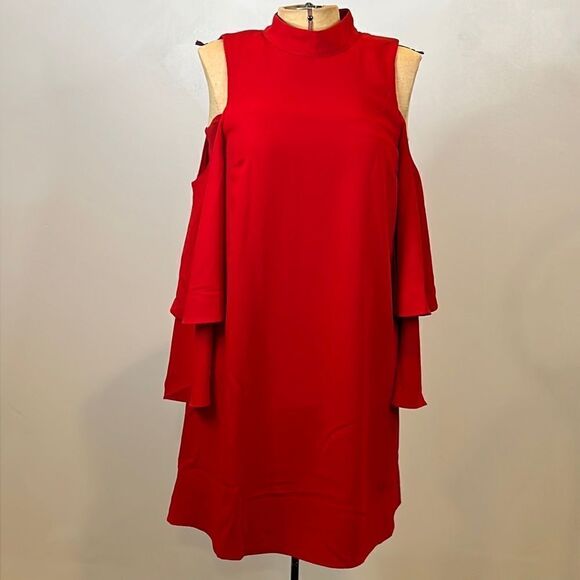 NWT Sugar Lips Bright Red Ruffle Cold Shoulder Dress - Size Small - Picture 1 of 13